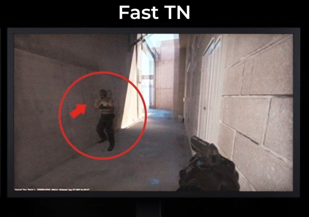 Monitor BENQ XL2566X+ Obraz z monitora Fast TN z wyraźnie rozmytą sylwetką przeciwnika w ciemnym korytarzu, oznaczoną czerwonym okręgiem i strzałką, konstrukcja, matryca TN