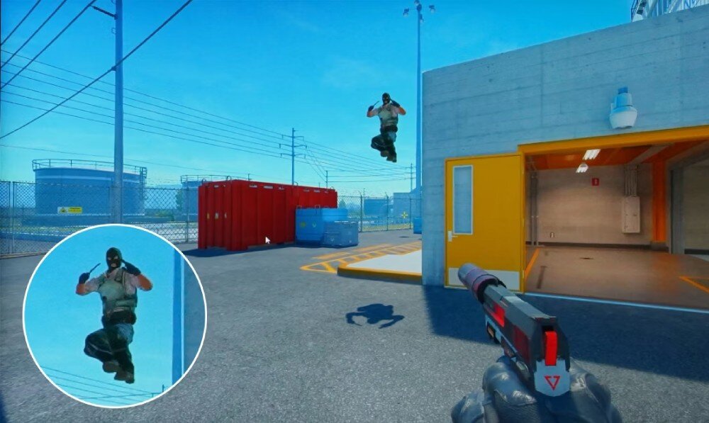 Monitor BENQ XL2566X+ Fragment gry z postacią skaczącą w powietrzu na tle niebieskiego nieba, w lewym dolnym rogu powiększenie sylwetki gracza, kolory, dokładność, pokrycie sRGB, kontrast