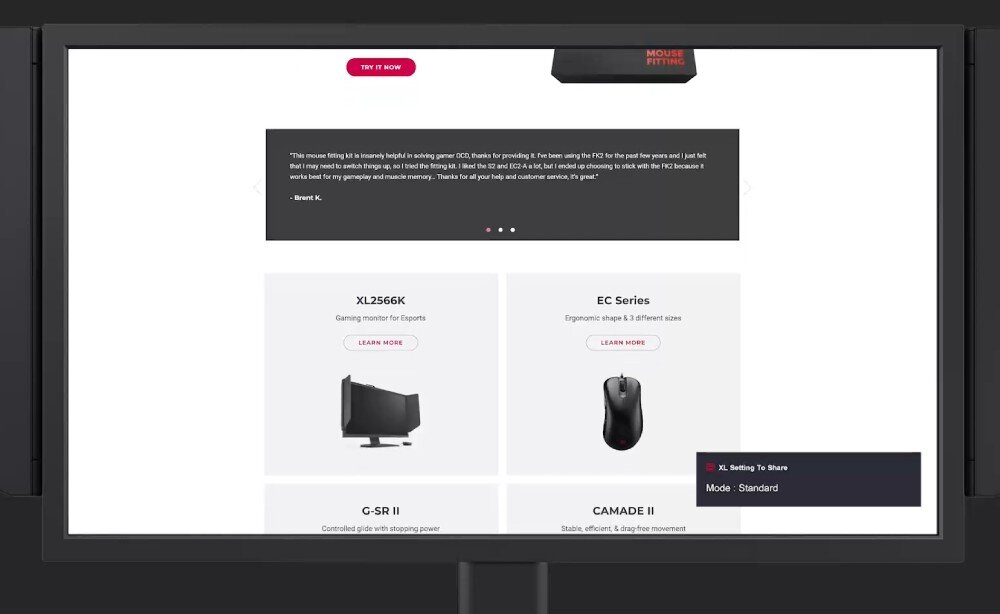 Monitor BENQ XL2566X+ Ekran monitora z wyświetloną stroną internetową zawierającą ofertę produktów, w prawym dolnym rogu widoczny napis 'XL Setting to Share - Mode: Standard', tryby gry, profile