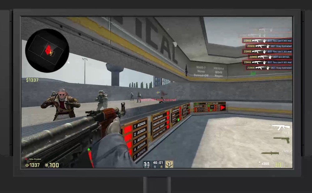 Monitor BENQ XL2566X+ Obraz z gry typu FPS z widokiem na kilku przeciwników i czerwonymi oznaczeniami trafień na ekranie, technologie, funkcje, przełącznik S Switch