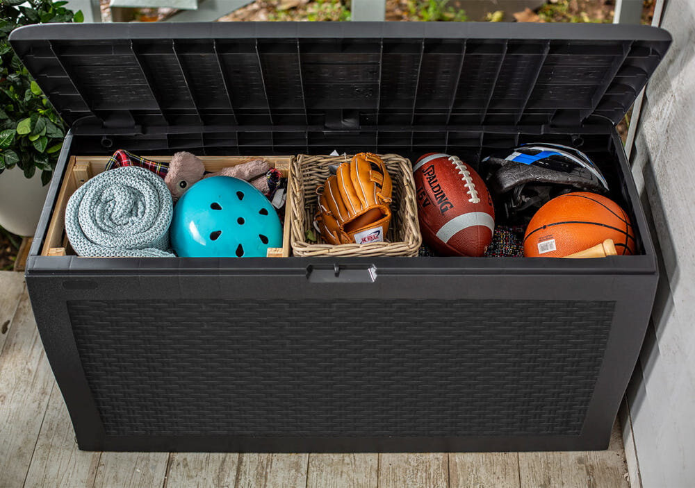 Skrzynia ogrodowa KETER Samoa Rattan Box 270L Antracyt niewielki rozmiar 117 x 45 x 57 cm pojemność do 270 litrów