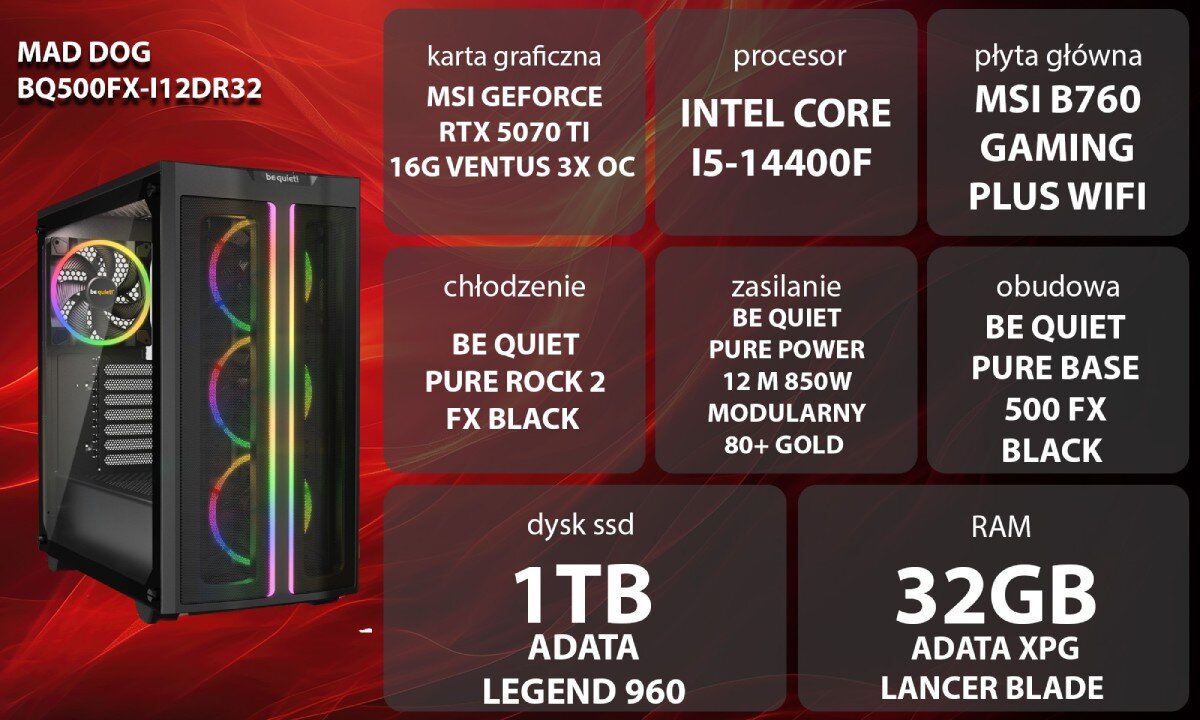 Komputer MAD DOG BQ500FX-I12DR32 Grafika przedstawiająca specyfikację komputera. Po lewej stronie widoczny komputer z podświetleniem RGB, opis