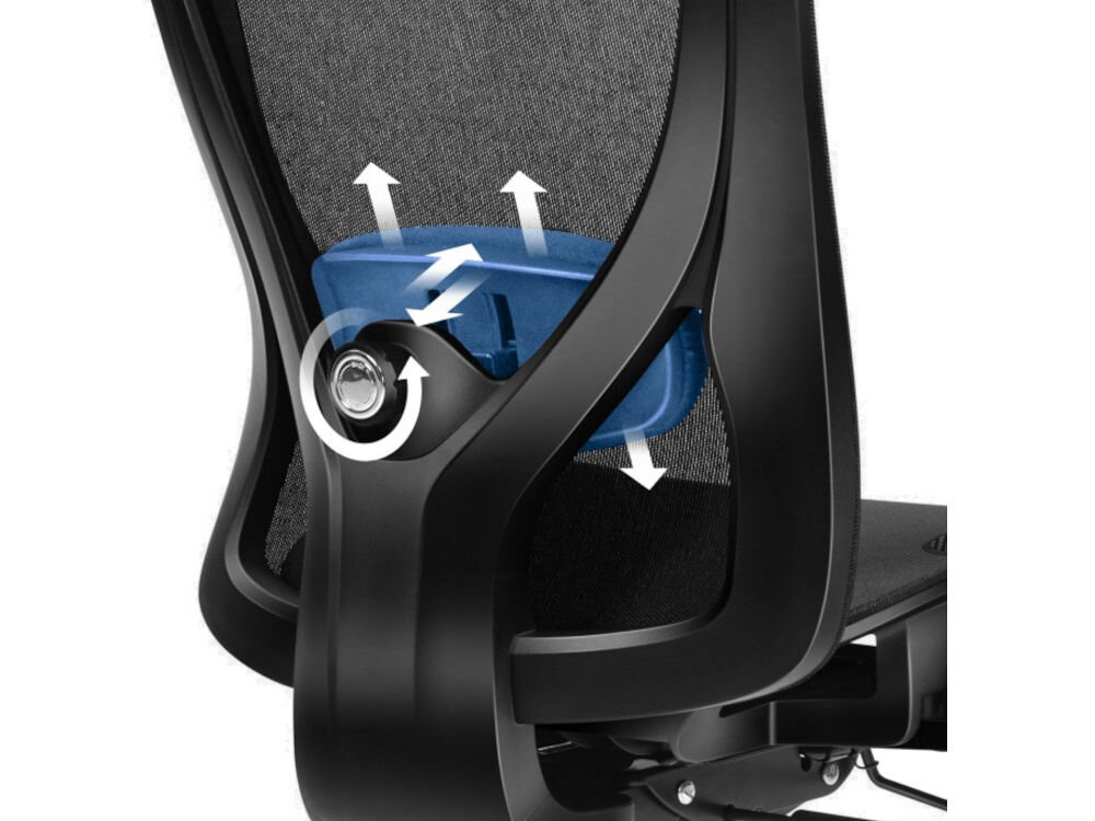 Fotel HUZARO Combat 7.3 Czarny zbliżenie na podporę lędźwiową na białym tle prezentacja zakresu regulacji w dwóch płaszczyznach góra–dół przód–tył precyzyjne dopasowanie ustawienia podparcia komfort pomaga zachować prawidłową postawę