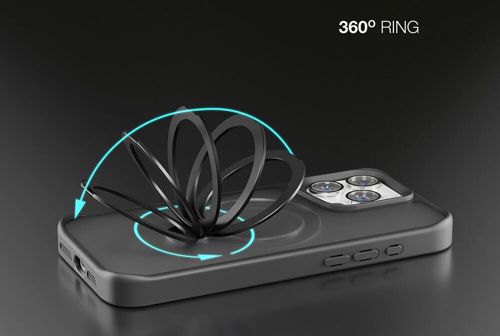Czarne etui na telefon z funkcją obrotowego pierścienia 360°, umieszczone na ciemnym tle. Obok etui widoczny jest napis \'360° RING\'.