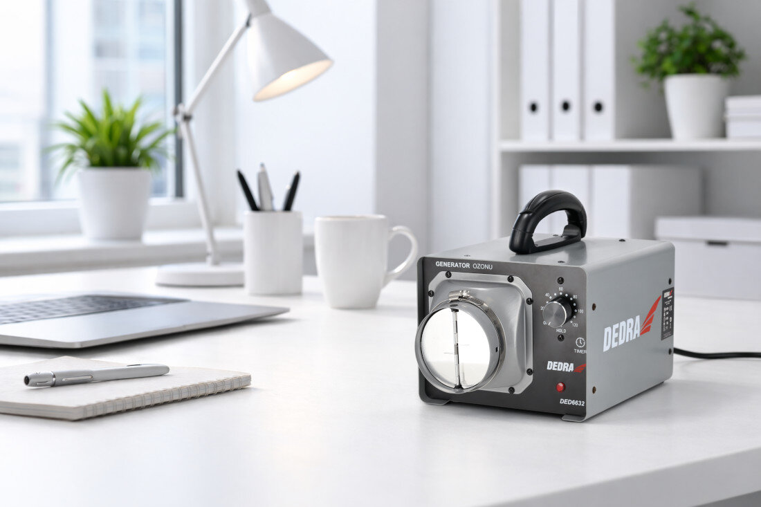 Na biurku znajduje się generator ozonu z napisem \'DEDRA\' i modelem \'DED6632\'. W tle widoczne są filiżanki, lampa i rośliny na parapecie.