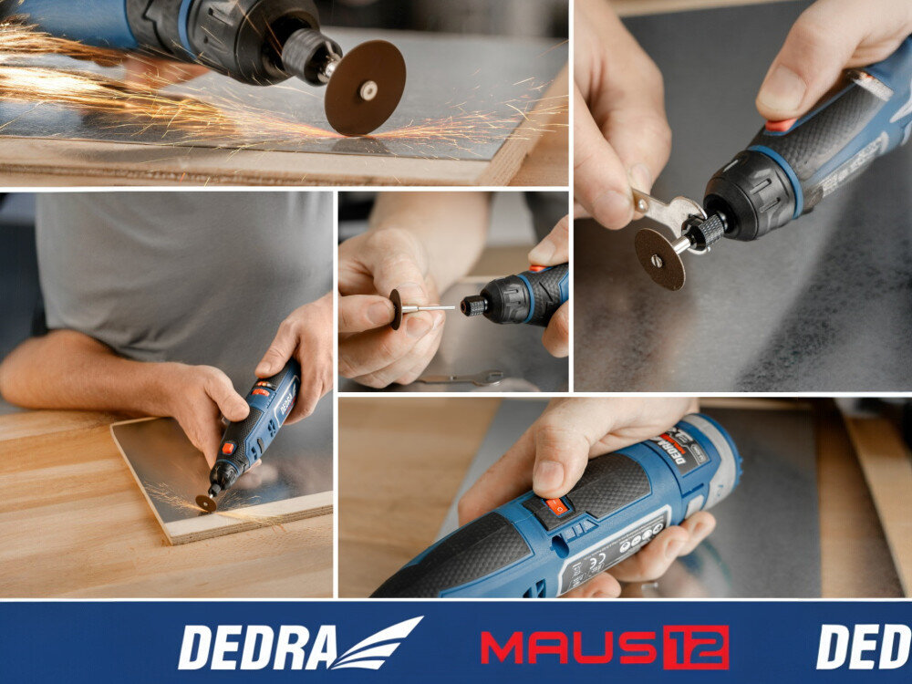 Narzędzie wielofunkcyjne DEDRA Maus DED7340Z1 (47 elementów), ergonomiczna, DIY, rękodzieło, Mini-szlifierka akumulatorowa DEDRA MAUS DED7340Z1 na stole roboczym różne akcesoria komfort użytkowania