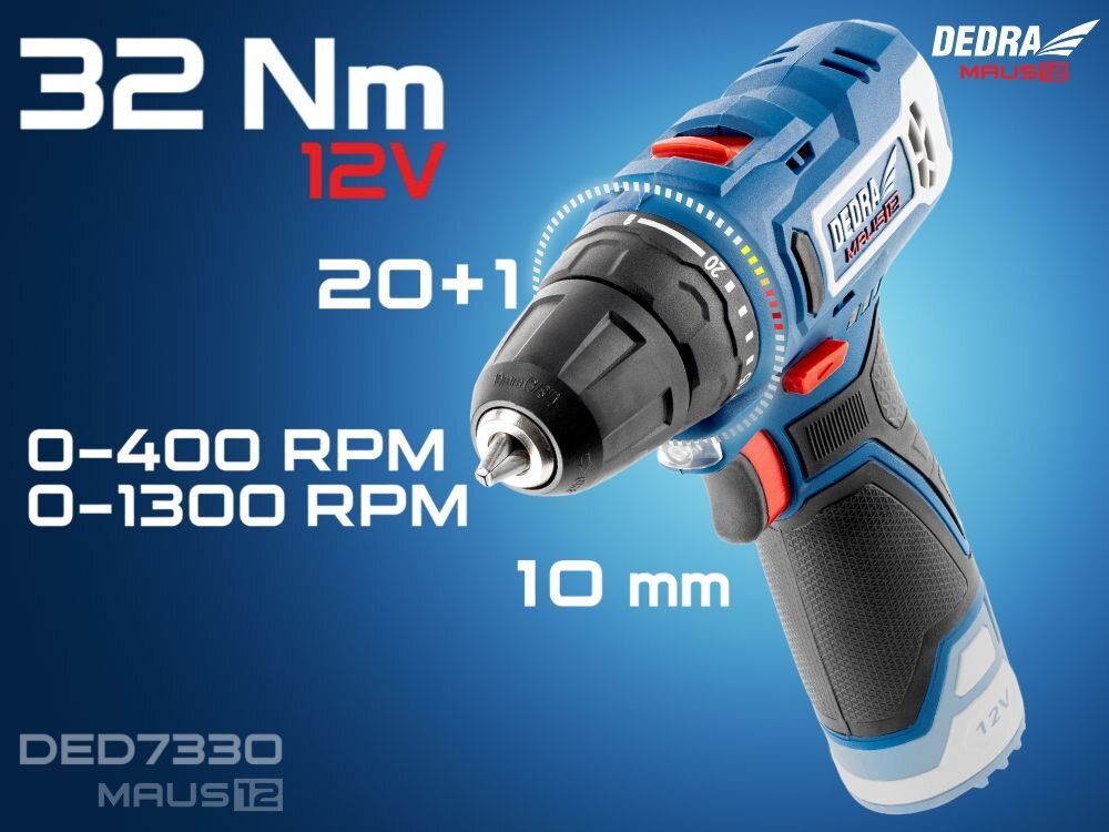 Na obrazie znajduje się niebiesko-czarna wiertarko-wkrętarka z logo DEDRA. Widoczne są napisy: \'32 Nm 12V\', \'20+1\', \'0-400 RPM\', \'0-1300 RPM\', \'10 mm\', \'DED7330 MAUS12\'.