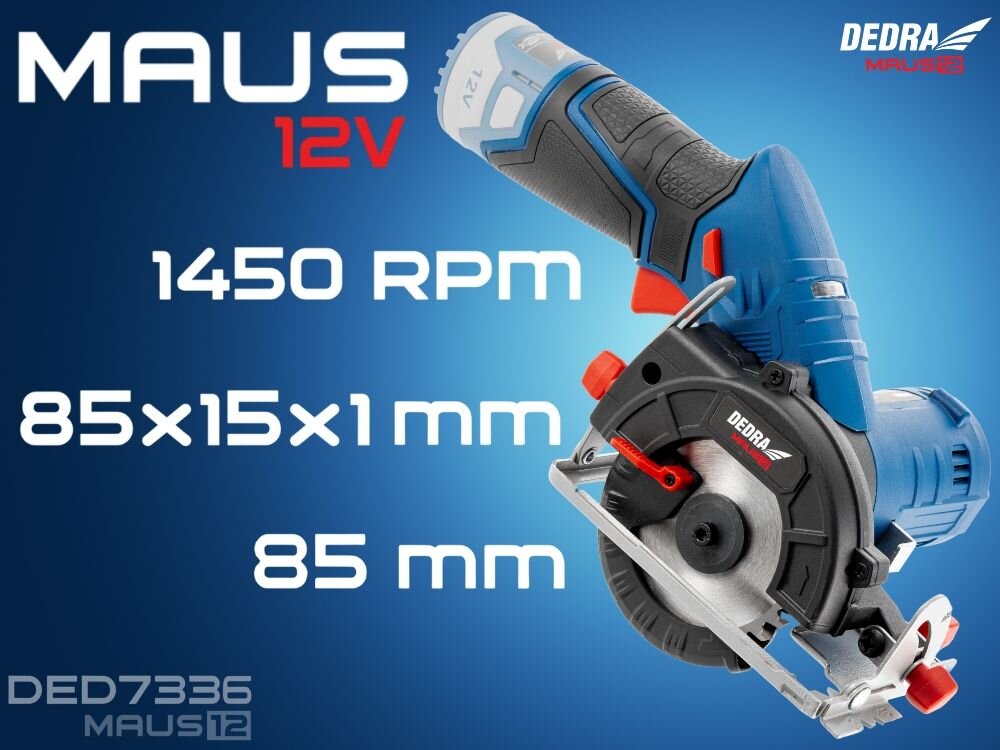 Pilarka tarczowa DEDRA Maus DED7336, 85 mm, 1450 RPM, zwrotna, praktyczna, Pilarka DEDRA DED7336 tarcza 85 mm 1450 RPM otwór 15 mm cięcie drewna zwrotność