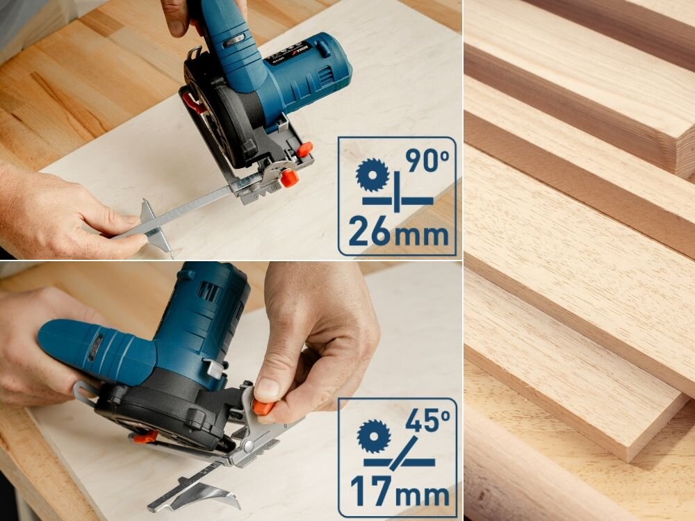 Pilarka tarczowa DEDRA Maus DED7336, 90°, 45°, precyzja, ukosy, Pilarka DEDRA DED7336 głębokość cięcia 90° 26,5 mm 45° 17 mm ukosy listwy sklejka
