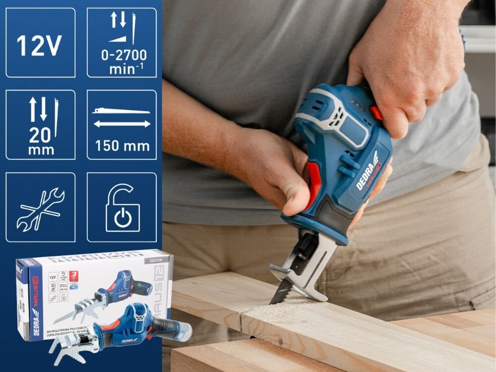 Osoba używa niebiesko-czerwonej piły szablastej marki Dedra do cięcia drewnianej deski. Obok znajduje się grafika z parametrami technicznymi: \'12V\', \'0-2700 min⁻¹\', \'20 mm\', \'150 mm\' oraz obrazek opakowania produktu.