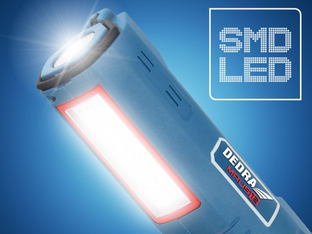 Latarka DEDRA Maus DED7343, Latarka DEDRA DED7343 diody LED SMD 300 lm temperatura barwowa 5000K równomierne oświetlenie warsztat garaż, LED SMD, 300 lm, barwa zimna, detale