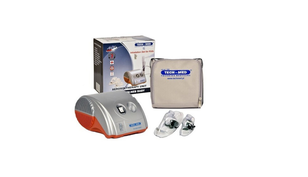 TECH-MED-TM-NEB inhalator nebulizator terapia drogi oddechowe stabilność pracy solidne wykonanie zasilanie sieciowe przewód powietrzny lekki prosty w obsłudze etui dla całej rodziny komfort oddychania
