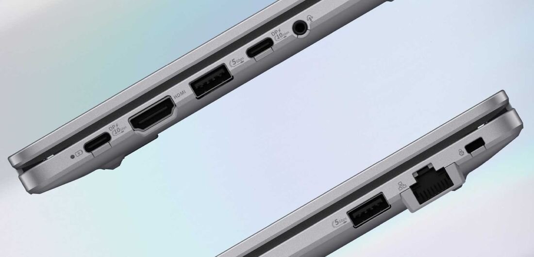 Zestaw portów w ASUS ExpertBook P1 - USB Type-C, USB-A, HDMI 1.4, RJ45 LAN, audio jack i zamek Kensington