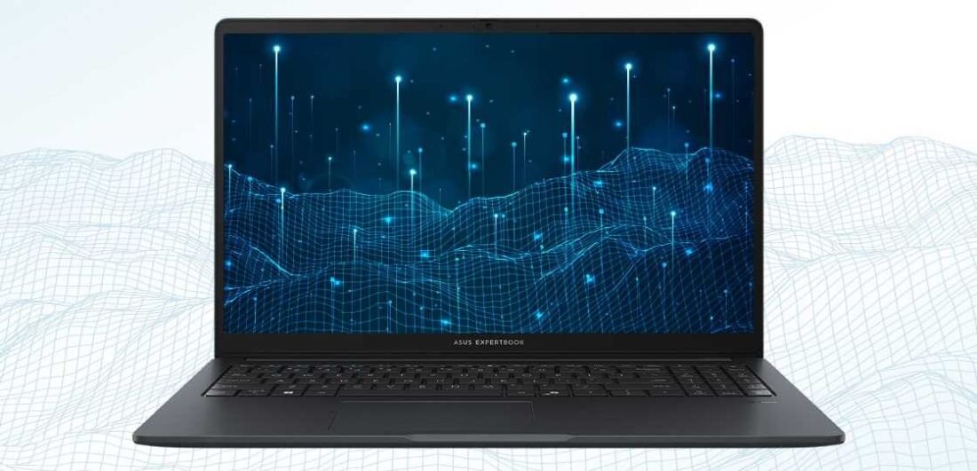 Laptop z wyświetlaczem pokazującym niebieską grafikę z liniami i punktami świetlnymi. Na obudowie widoczne jest logo \'ASUS EXPERTBOOK\'.