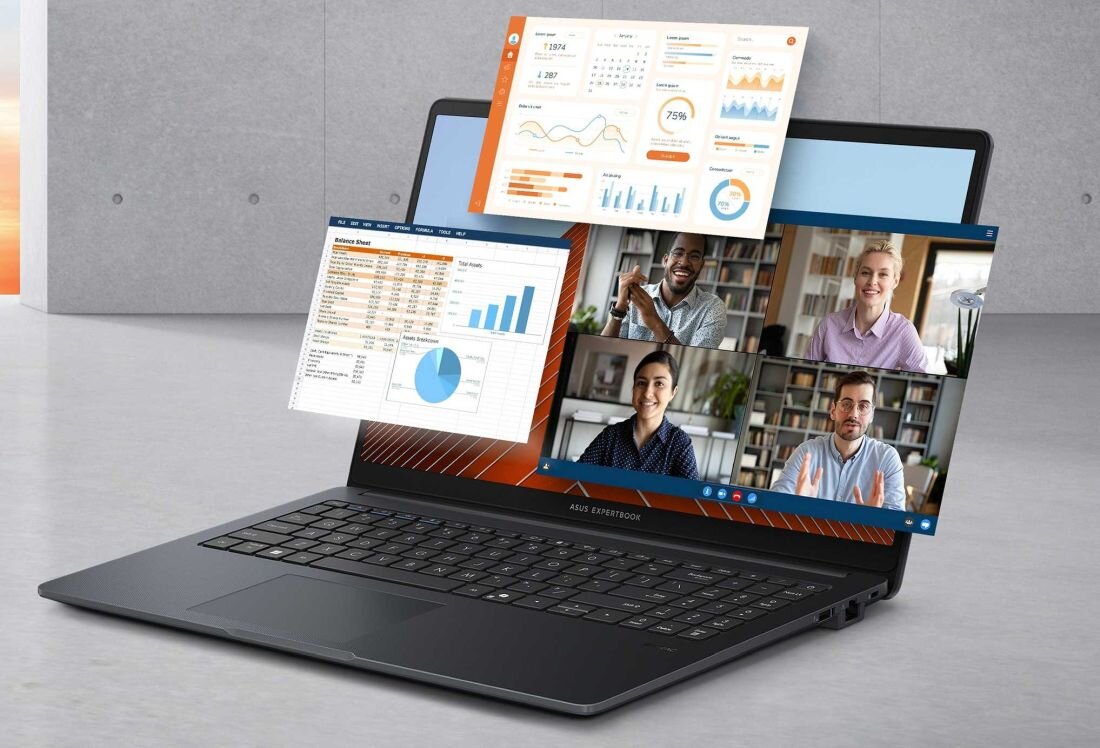 Laptop z widocznym ekranem, na którym wyświetlane są wykresy i wideokonferencja z czterema osobami. Na obudowie laptopa widnieje napis \'ASUS EXPERTBOOK\'.