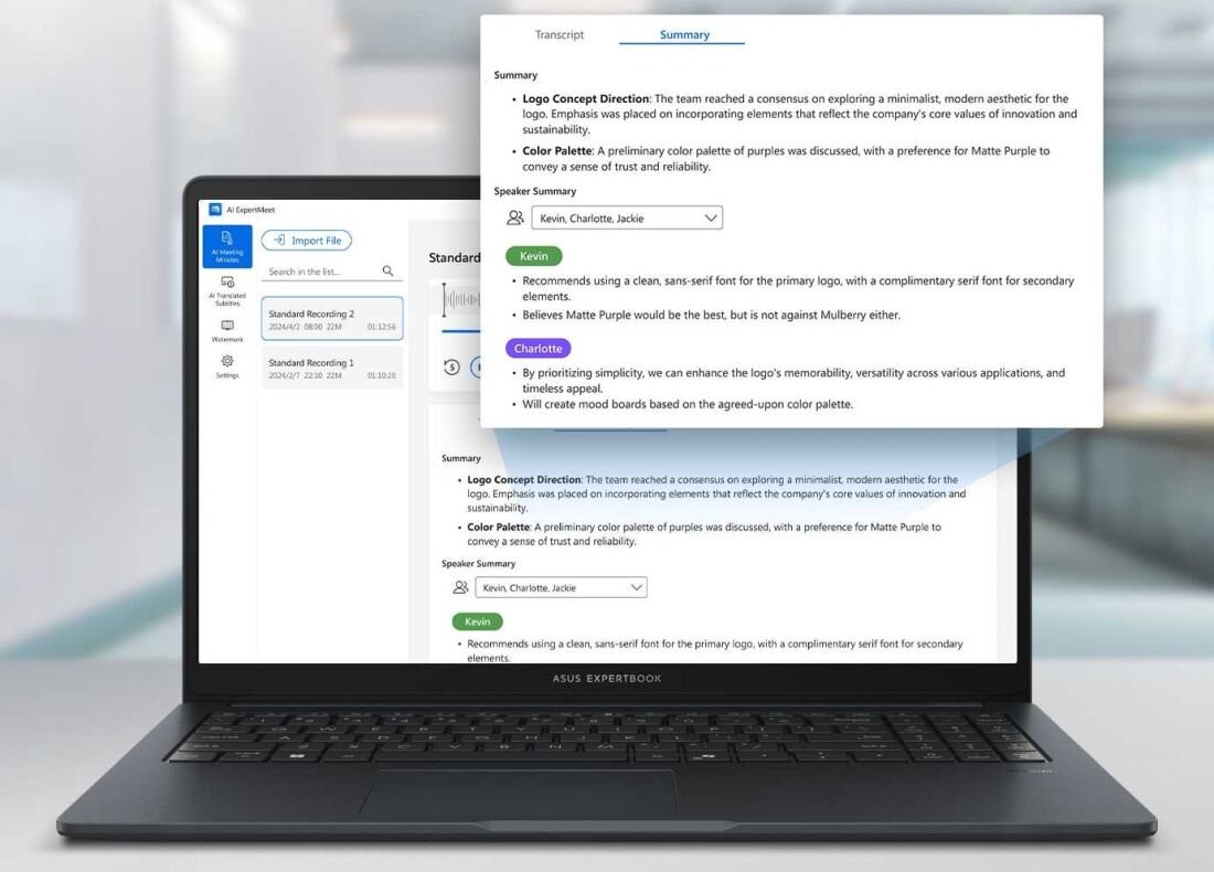 Na obrazie widoczny jest laptop z otwartym ekranem, na którym wyświetlana jest aplikacja z zakładką \'Summary\'. Na ekranie znajduje się tekst dotyczący kierunku projektu logo i palety kolorów, z wypowiedziami osób o imionach Kevin i Charlotte.