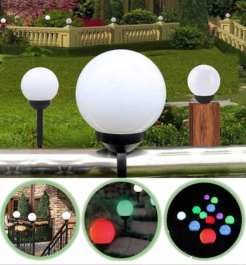 Obraz przedstawia kilka lamp solarnych ogrodowych w kształcie białych kul umieszczonych na trawniku i przy schodach. Dodatkowe zdjęcia pokazują lampy świecące w różnych kolorach, takich jak czerwony, zielony i niebieski.