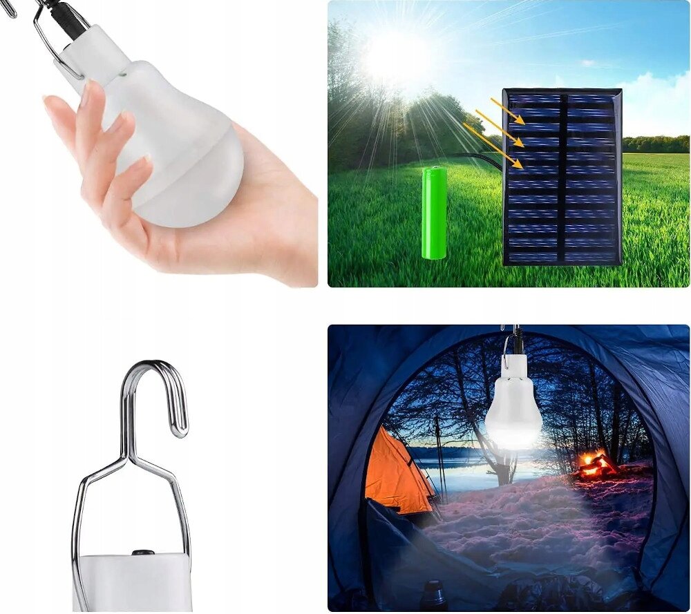 Obraz przedstawia żarówkę LED trzymaną w dłoni, panel solarny na tle zielonego pola oraz żarówkę oświetlającą wnętrze namiotu. Widoczny jest również metalowy haczyk do zawieszenia żarówki.