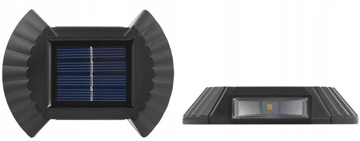 Obraz przedstawia dwie lampki solarne LED w kolorze czarnym. Jedna z nich pokazuje panel solarny, a druga część z diodą LED.