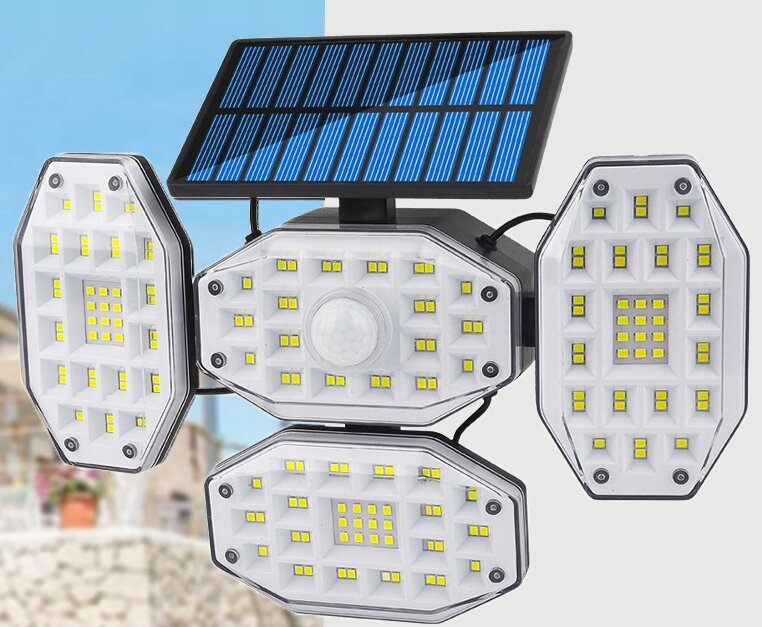 Lampa solarna LED z trzema panelami świetlnymi i panelem słonecznym na górze. W centralnej części znajduje się czujnik ruchu.