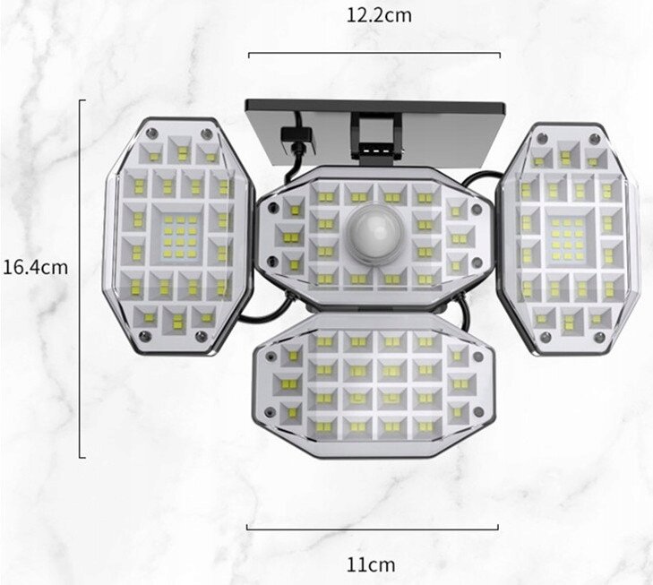 Obraz przedstawia lampę solarną LED z trzema panelami świetlnymi i czujnikiem ruchu. Wymiary to 12.2 cm szerokości, 16.4 cm wysokości i 11 cm głębokości.