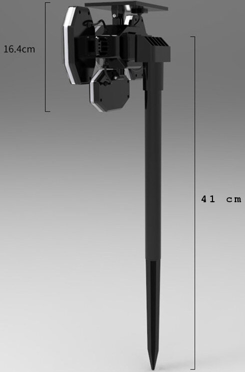 Obraz przedstawia czarną lampę solarną LED w formie słupka z czujnikiem ruchu i zmierzchu. Wymiary to 16.4 cm wysokości dla części górnej i 41 cm dla całego słupka.