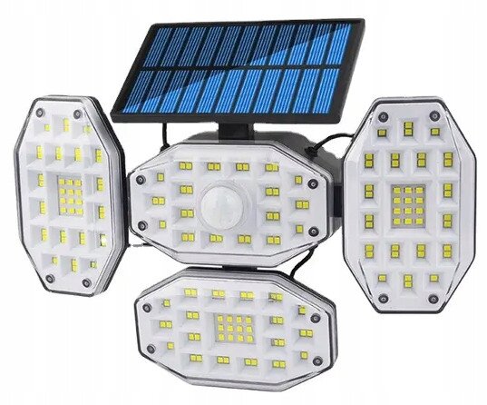 Lampa solarna LED z trzema panelami świetlnymi i panelem solarnym na górze. Każdy panel świetlny zawiera wiele małych, żółtych diod LED.