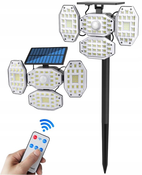 Lampa solarna LED z czujnikiem ruchu i zmierzchu, posiadająca kilka paneli świetlnych oraz panel solarny na górze. W zestawie znajduje się pilot z przyciskami w różnych kolorach.