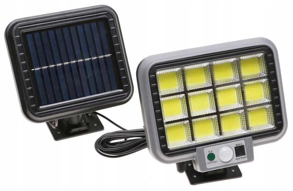Na obrazie widoczna jest lampa solarna LED z panelem słonecznym i czujnikiem ruchu. Lampa ma prostokątny kształt z kilkunastoma żółtymi diodami LED, a obok znajduje się panel słoneczny z ciemnymi paskami.