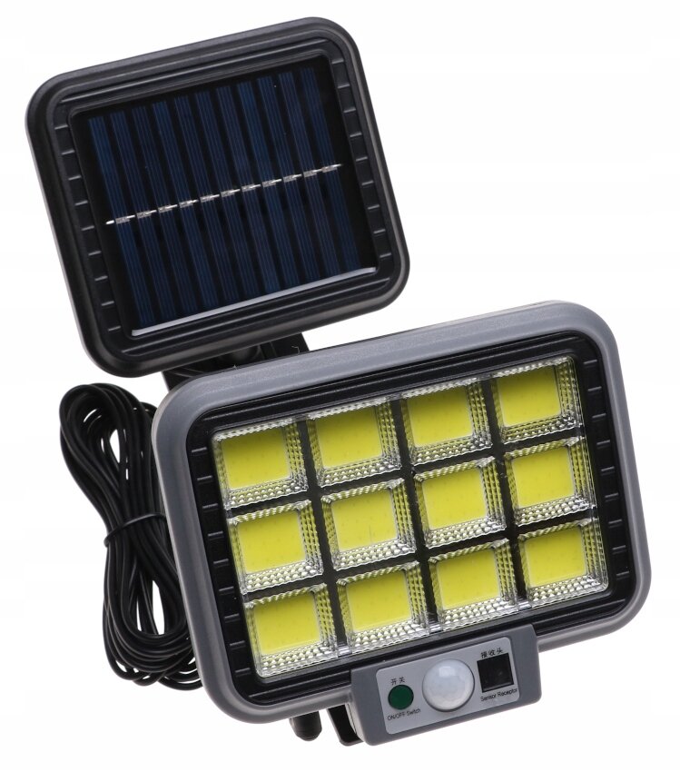 Na obrazie widoczna jest lampa solarna LED z panelem słonecznym i czujnikiem ruchu. Lampa ma prostokątny kształt z żółtymi diodami LED w siatce oraz panel sterowania z przyciskami i czujnikiem.