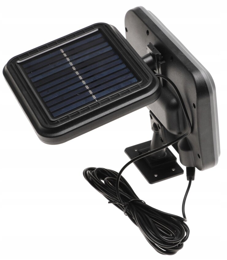 Na obrazie widoczna jest lampa solarna LED z panelem słonecznym i przewodem. Lampa ma czarną obudowę i jest zamontowana na uchwycie.