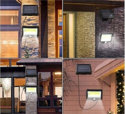Cztery zdjęcia przedstawiające lampę solarną LED zamontowaną na różnych elewacjach budynków. Lampa emituje jasne światło, a nad nią znajduje się panel solarny.