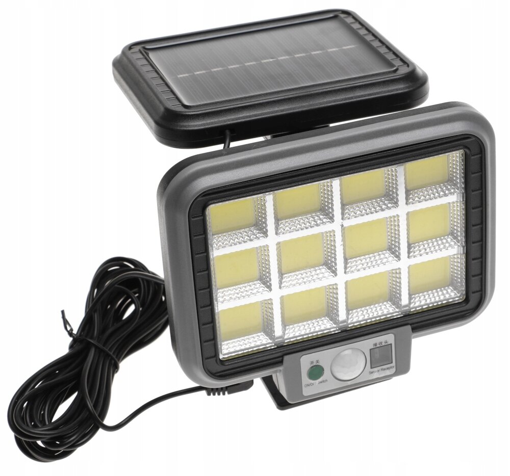 Lampa solarna LED z panelem słonecznym i czujnikiem ruchu, posiada prostokątną obudowę z widocznymi diodami LED. Do lampy dołączony jest przewód elektryczny.