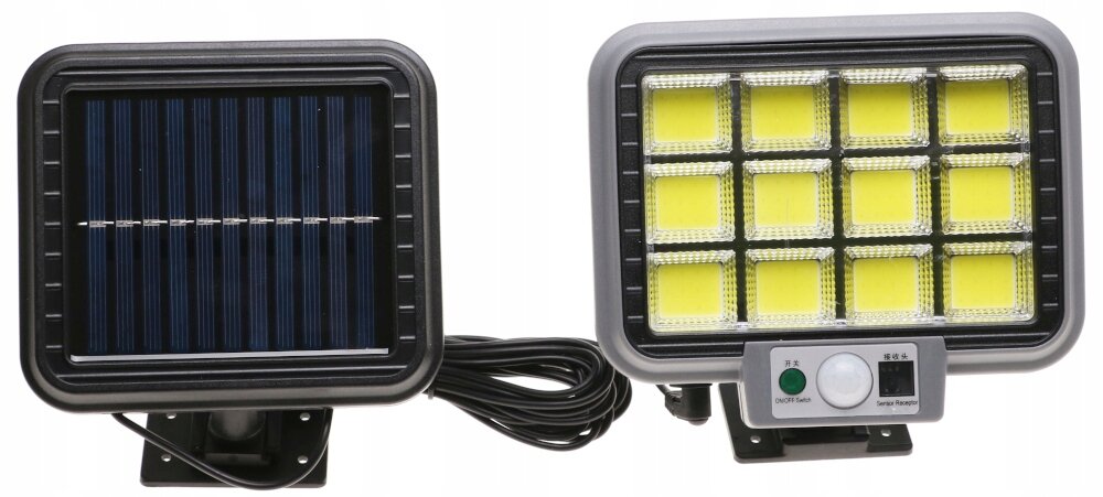 Obraz przedstawia dwa urządzenia: panel solarny z ciemnymi, pionowymi paskami oraz lampę LED z żółtymi diodami ułożonymi w czterech rzędach. Lampa posiada dwa przyciski oznaczone jako \'ON\' i \'OFF\' oraz pokrętło z napisem \'Senso Twilight\'.