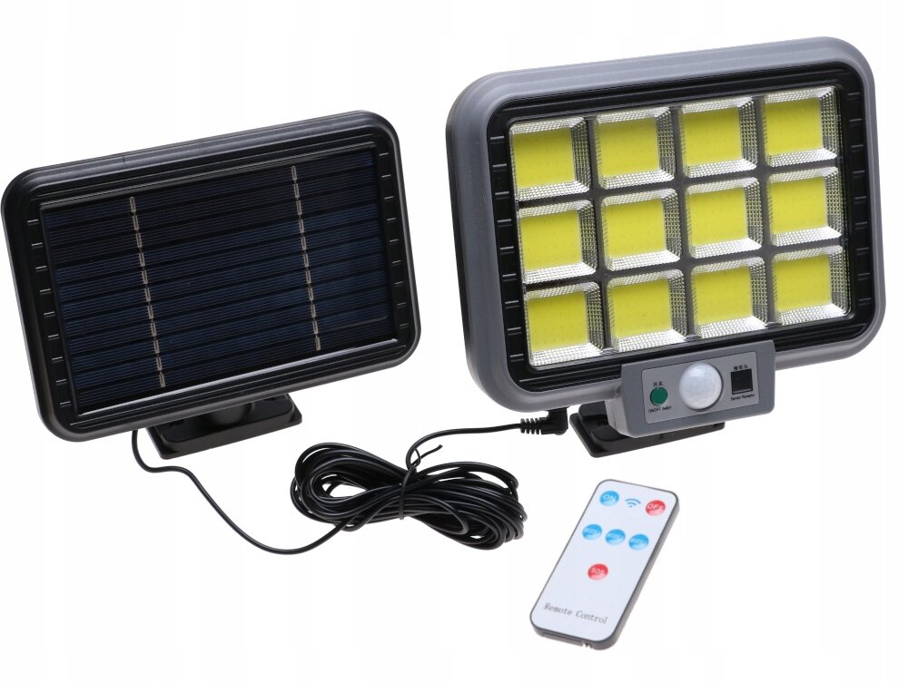 Na obrazie widoczna jest lampa solarna LED z czujnikiem zmierzchu i ruchu oraz panel solarny, połączone kablem. Obok znajduje się pilot z przyciskami i napisem \'Remote Control\'.