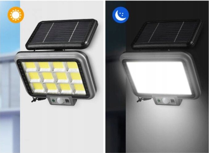 Obraz przedstawia dwie lampy solarne LED z czujnikiem zmierzchu i ruchu. Po lewej stronie lampa jest wyłączona, a po prawej włączona, emitując jasne światło.