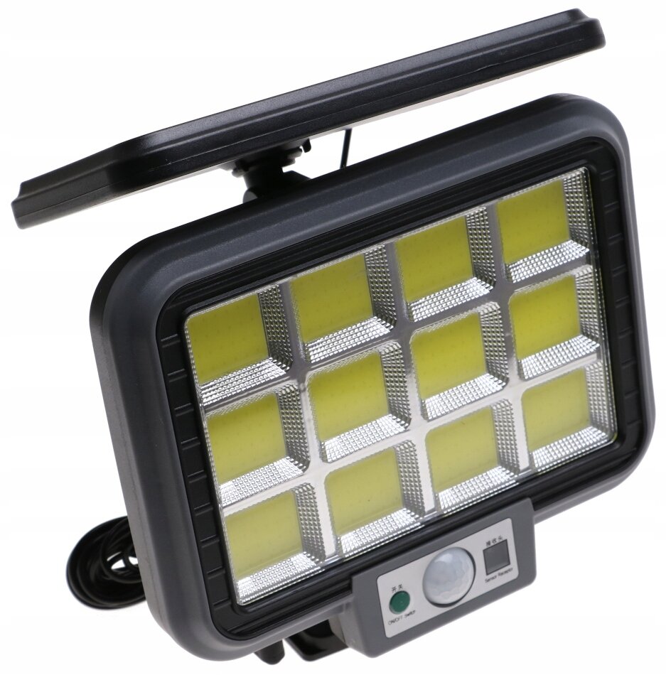 Lampa solarna LED z czujnikiem zmierzchu i ruchu, posiada panel z 12 żółtymi diodami LED. Na obudowie znajduje się okrągły czujnik oraz dwa przyciski z oznaczeniami w języku chińskim.