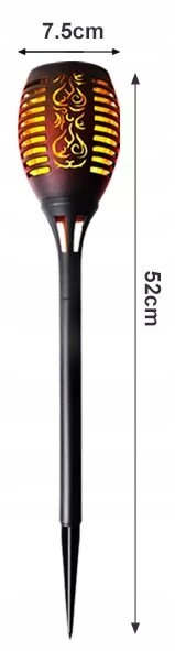 Lampka solarna w kształcie pochodni z efektem płomienia, o wysokości 52 cm i szerokości 7,5 cm. Górna część ma wzór przypominający płomienie.