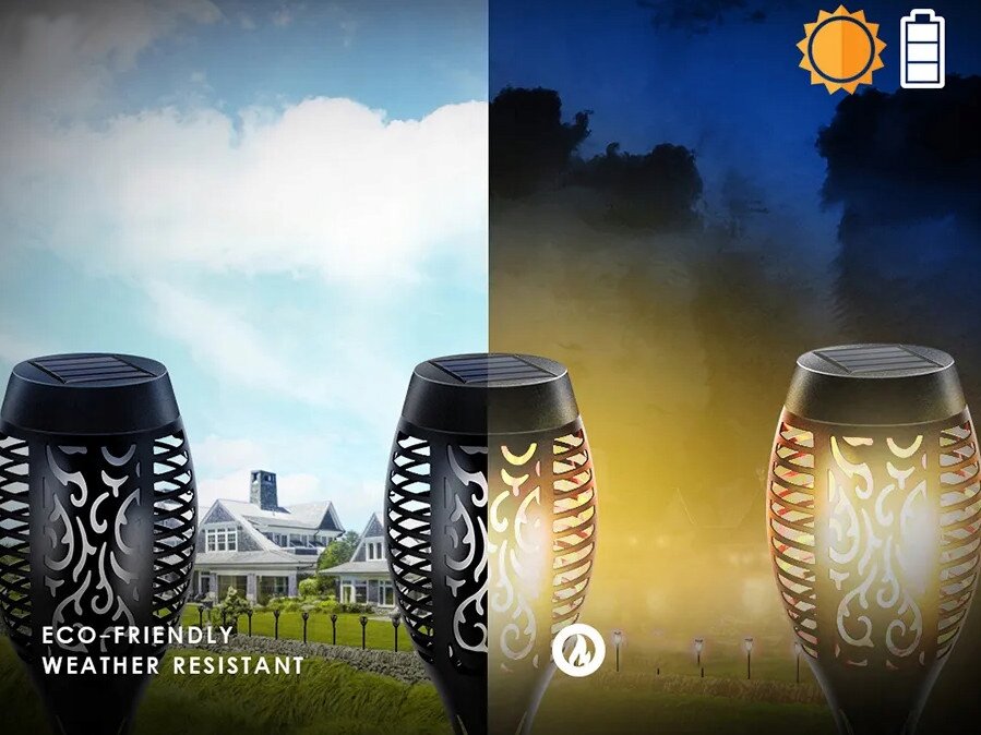 Obraz przedstawia dwie lampy solarne z efektem płomienia, ustawione na tle podzielonym na dzień i noc. Widoczny tekst to \'ECO-FRIENDLY WEATHER RESISTANT\'.
