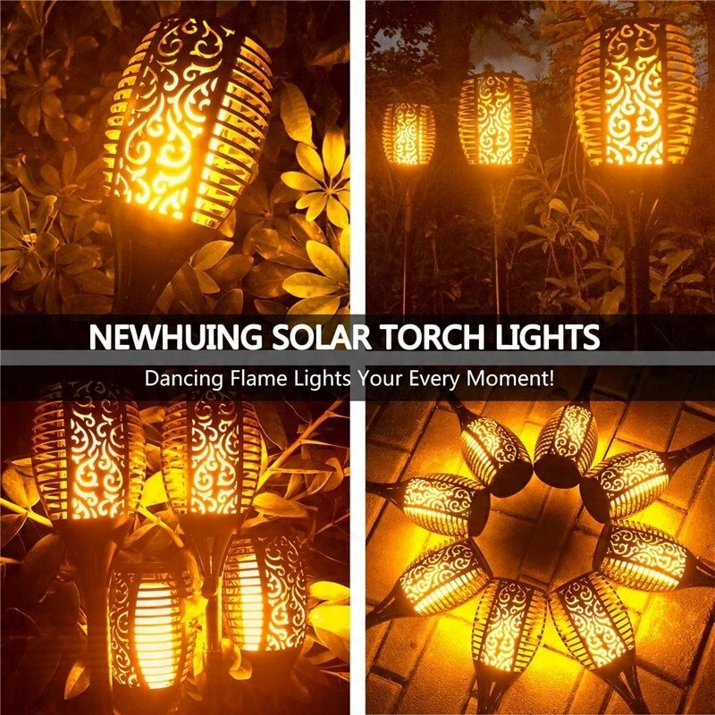 Obraz przedstawia lampy solarne w kształcie pochodni z efektem płomienia, emitujące ciepłe, żółte światło. Widoczny tekst: \'NEWHUING SOLAR TORCH LIGHTS Dancing Flame Lights Your Every Moment!\'.
