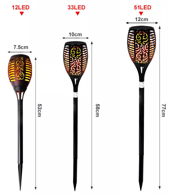 Obraz przedstawia trzy lampy solarne LED w kształcie pochodni z efektem płomienia, o różnych rozmiarach: 12 LED (52 cm wysokości, 7.5 cm szerokości), 33 LED (58 cm wysokości, 10 cm szerokości) i 51 LED (77 cm wysokości, 12 cm szerokości).