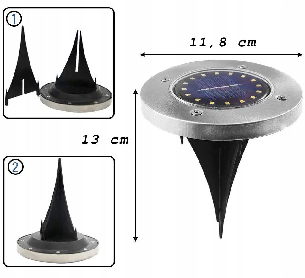 Obraz przedstawia lampę solarną ogrodową LED z metalowym dyskiem i czarnym, stożkowym uchwytem. Wymiary lampy to 11,8 cm średnicy i 13 cm wysokości.