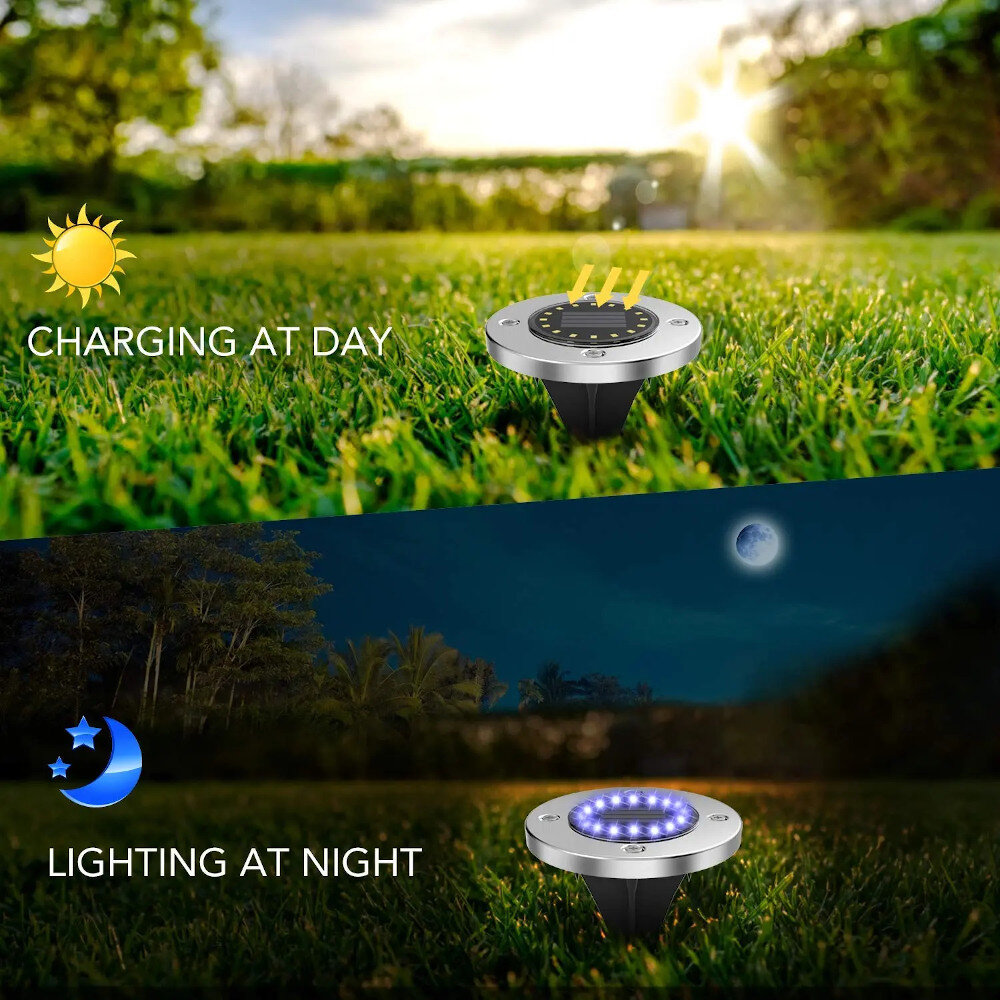 Obraz przedstawia lampę solarną ogrodową na trawie, z napisem \'CHARGING AT DAY\' i symbolem słońca na górze oraz \'LIGHTING AT NIGHT\' z symbolem księżyca na dole. W tle widoczne są drzewa i niebo, w dzień oraz w nocy.