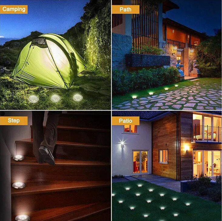Obraz przedstawia cztery sceny z zastosowaniem lamp solarnych LED: przy namiocie, na ścieżce, na schodach i na patio. Każda scena jest oznaczona etykietą: \'Camping\', \'Path\', \'Step\', \'Patio\'.
