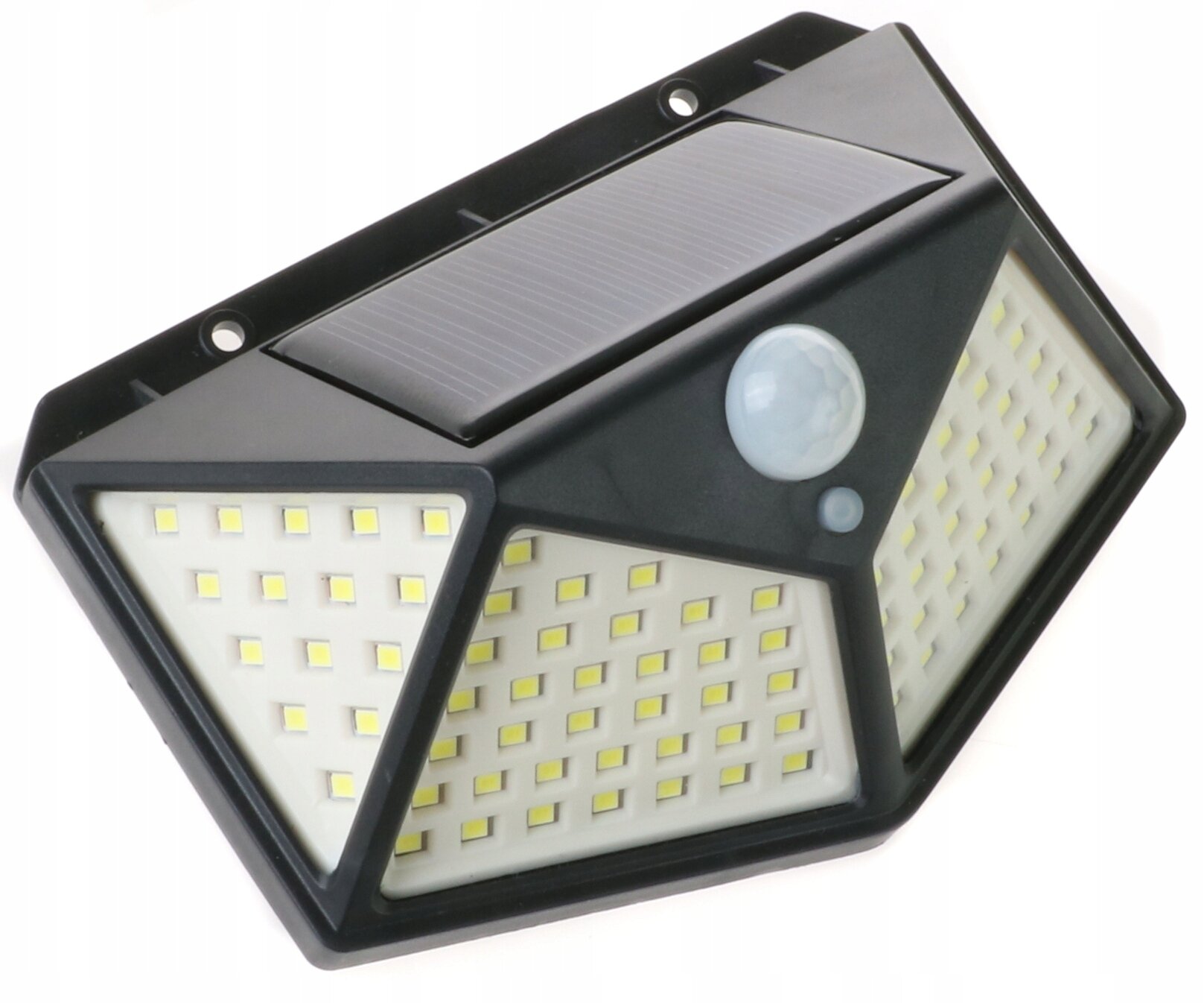 Lampa solarna LED z czujnikiem ruchu, posiadająca panel słoneczny na górze i 100 diod LED rozmieszczonych na dwóch trójkątnych panelach. Na środku znajduje się okrągły czujnik ruchu.