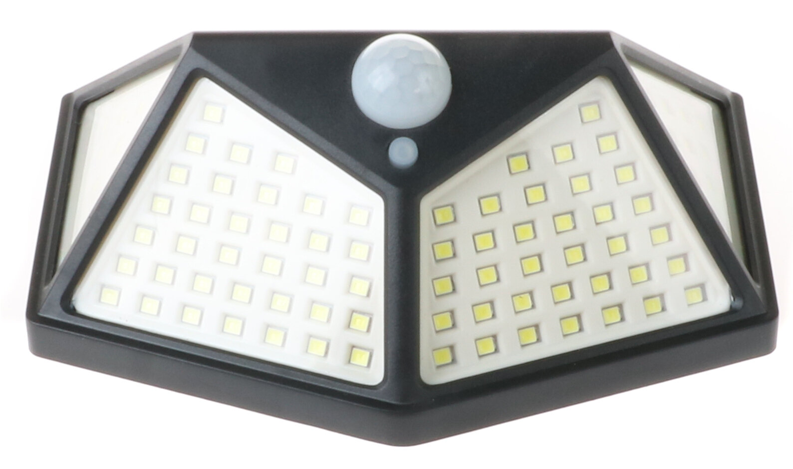 Lampa solarna LED z czujnikiem ruchu, posiadająca 100 diod LED rozmieszczonych symetrycznie po obu stronach. Na środku znajduje się kulisty czujnik ruchu.