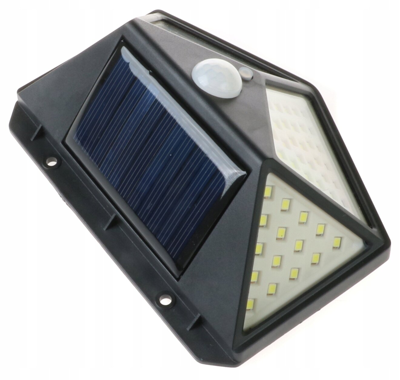 Lampa solarna LED z czujnikiem ruchu, posiada panel słoneczny oraz wiele małych diod LED na dwóch powierzchniach. Obudowa jest czarna z widocznym czujnikiem na górze.