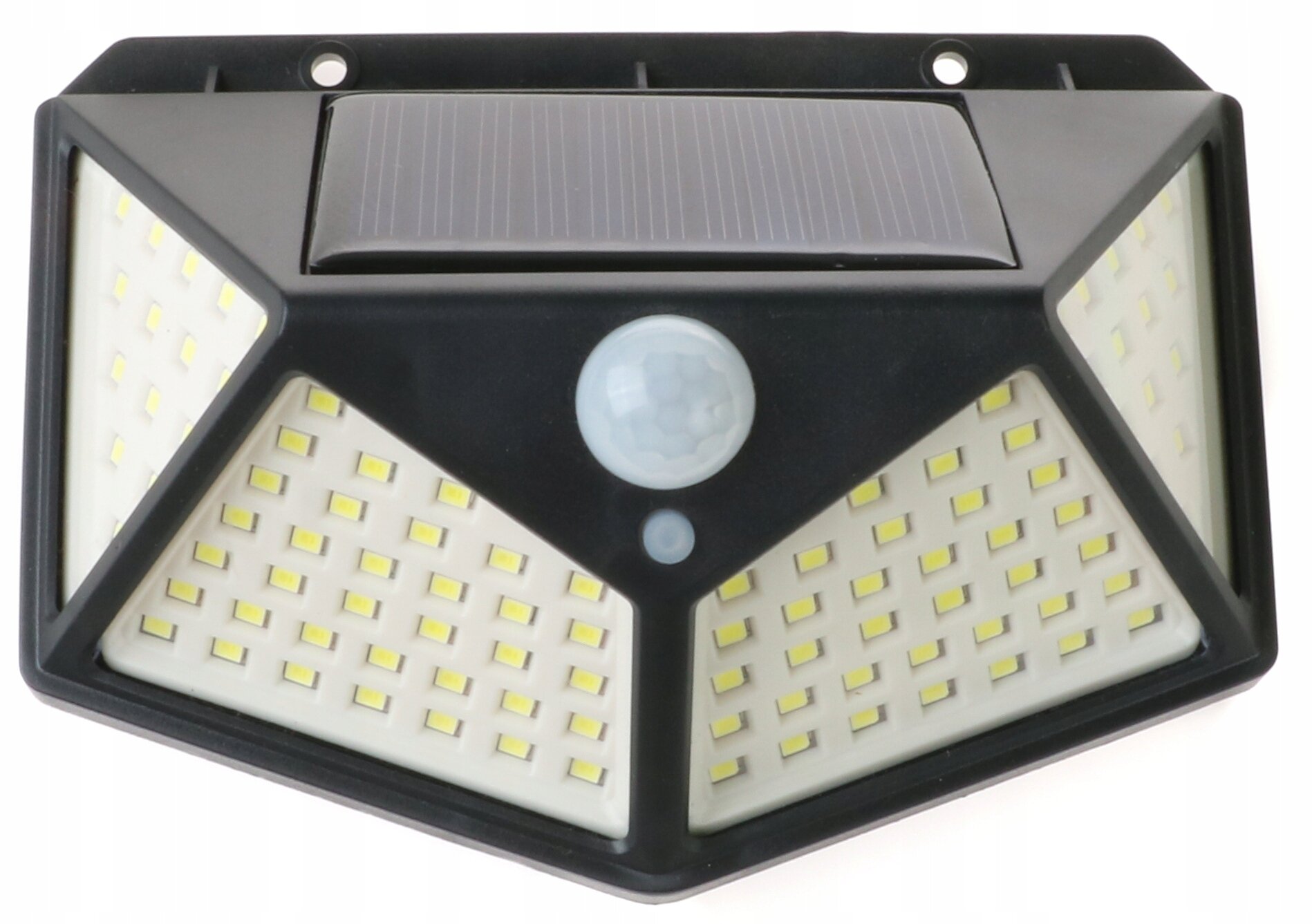 Lampa solarna LED z czujnikiem ruchu, posiadająca panel słoneczny na górze i wiele małych diod LED na powierzchni. W centralnej części znajduje się okrągły czujnik ruchu.