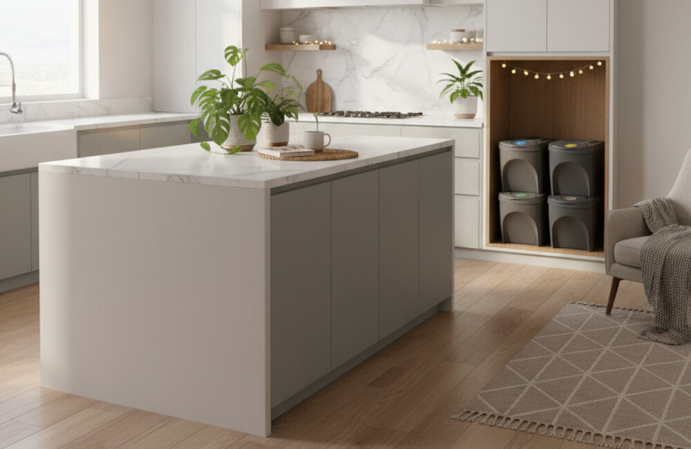 Kosz na śmieci PROSPERPLAST Sortibox IKWB25S4-405U (4x25l) Szary design prezentacja wizualizacja Wygodna segregacja odpadów