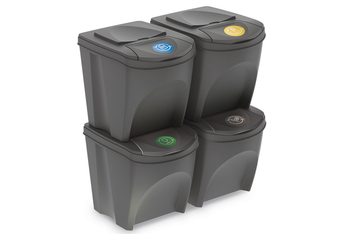 Kosz na śmieci PROSPERPLAST Sortibox IKWB25S4-405U (4x25l) Szary Praktyczny układ długość 518 mm, szerokość 293 mm i głębokość 392 mm  wymiary  z wytrzymałego tworzywa sztucznego estetyczny wygląd 